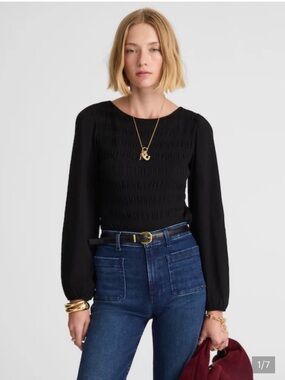 Madewell Black Smocked Long-Sleeve Blouse